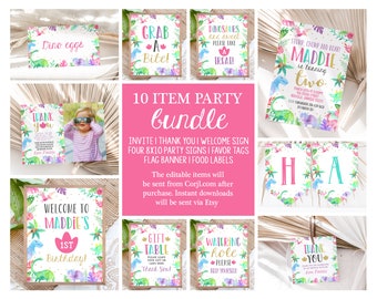 Editable Girl Dinosaur Party Bundle Dino Theme Birthday Decor Pink Dinos Invite Signs Favors Printable Templates Instant Download DGGPT