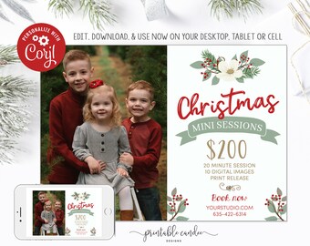 Plantilla de mini sesión de Navidad para fotógrafos Holly Floral Mini sesión de retrato navideño Descarga instantánea