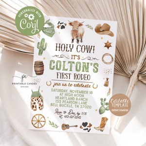 Editable Cowboy Birthday Invitation 1st Rodeo Party Invite Highland Cow Theme Ranch Template Printable Instant Download