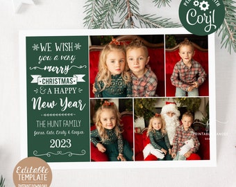 Puede incluir: Una tarjeta de Navidad verde con un collage de fotos familiares. La tarjeta dice "We wish you a very merry Christmas & a Happy New Year" y "The Hunt Family James, Cate, Emily & Cooper 2023".