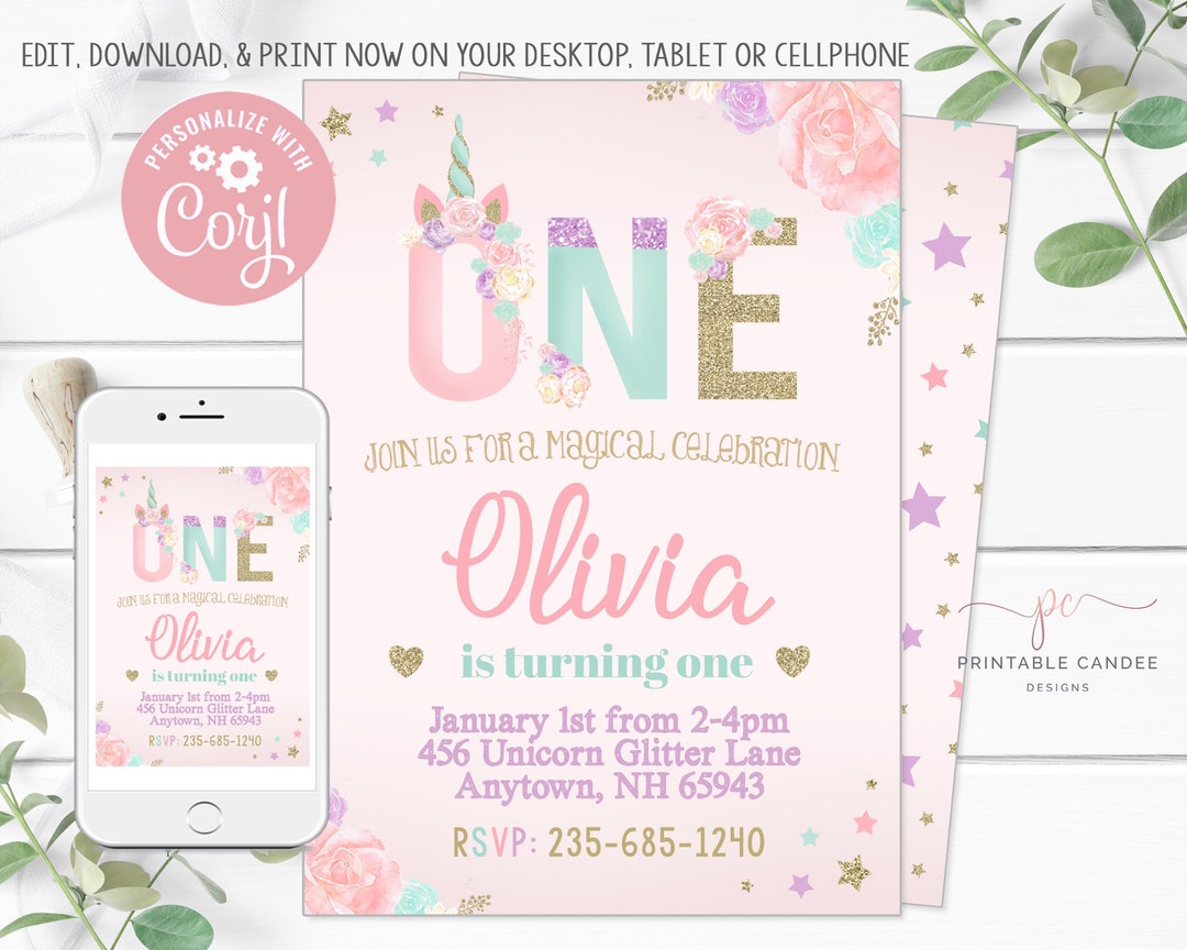 Unicorn 1st Birthday Invitation First Pastel Glitter Floral Theme ...