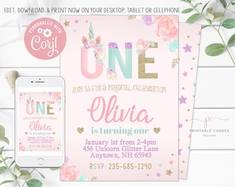 Unicorn 1st Birthday Invitation First Pastel Glitter Floral Theme Instant Download Editable File Printable DIY File
