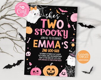 Editable Halloween Pink Ghost 2nd Birthday Invite Girl Boo Theme Two Spooky Invitation Template Instant Download Printable