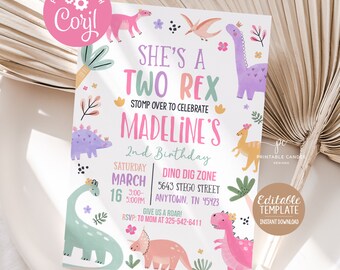 May include: A pink and green dinosaur birthday party invitation with the text "She's a Two Rex" and "Madeline's 2nd Birthday". The invitation includes details for a dinosaur dig zone party on March 16th.