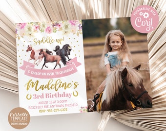 May include: A pink and gold birthday invitation with a watercolor floral design. The invitation features a photo of a girl riding a pony and the text "Saddle up! & Gallop on over to celebrate Madeline's 3rd Birthday".