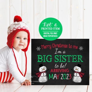 Anuncio de embarazo navideño Fiesta navideña Sesión de fotos Hermana mayor Hermano Muñeco de nieve Bebé Letrero imprimible
