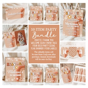 May include: A party bundle with a groovy theme, featuring invitations, signs, and favor tags. The design includes retro fonts, flowers, and a colour palette of peach, brown, and white. The text includes "Sunbutter Cookies", "Groovy", and "Melissa's 1st Birthday".