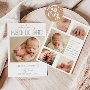 Tiny Details Birth Announcement Template Minimalist Editable Newborn Card with Photo Collage Baby Printable Instant Download