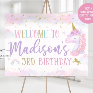 Fondo de fiesta de cumpleaños de unicornio pastel con temática de unicornios arcoíris, decoración de fiesta con purpurina dorada, póster, letrero imprimible digital