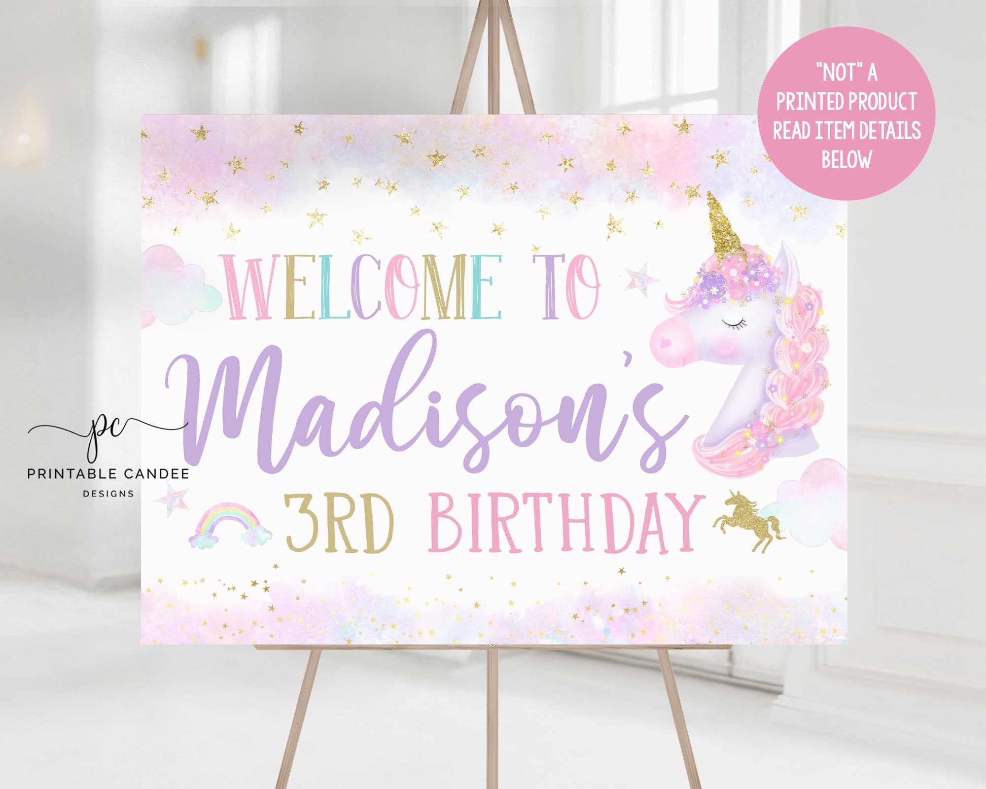 Pastel Unicorn Birthday Party Backdrop Rainbow Unicorns Theme Gold Glitter Party Decor Background Poster Sign Printable