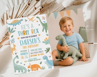 Pastel Dinosaur Birthday Photo Invitation Boy, Three Rex Party (Editable, Digital)