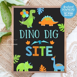 Dinosaur Party Sign Boy Dino Birthday Party Theme Dino Dig Site sign Blue Chalk Dinos Decor Instant Download Printable File
