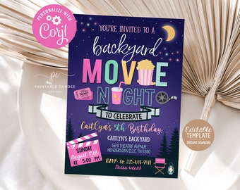 Backyard Movie Night Invitation Outdoor Movie Birthday Party Under The Stars Party Editable Girl Sleepover Invite Instant Download