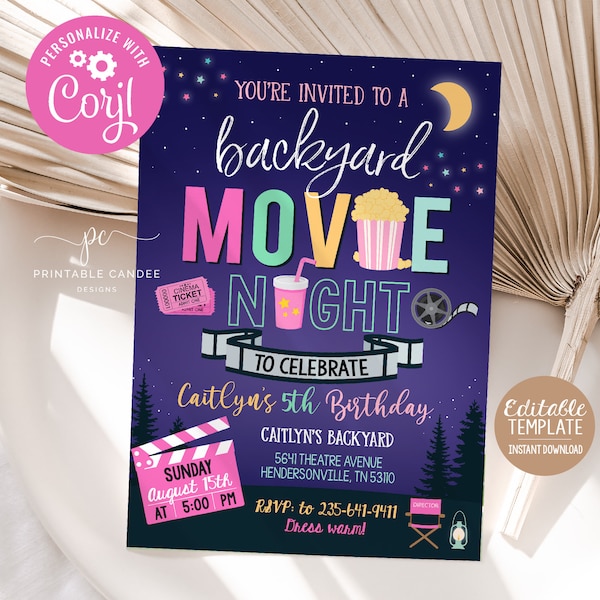 Backyard Movie Night Invitation Outdoor Movie Birthday Party Under The Stars Party Editable Girl Sleepover Invite Instant Download