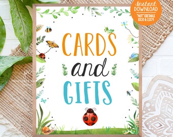 May include: Printable sign with a green, white, and orange floral border. The sign says "Cards and Gifts" in black, orange, and blue text. There are ladybugs, butterflies, and other insects on the sign.
