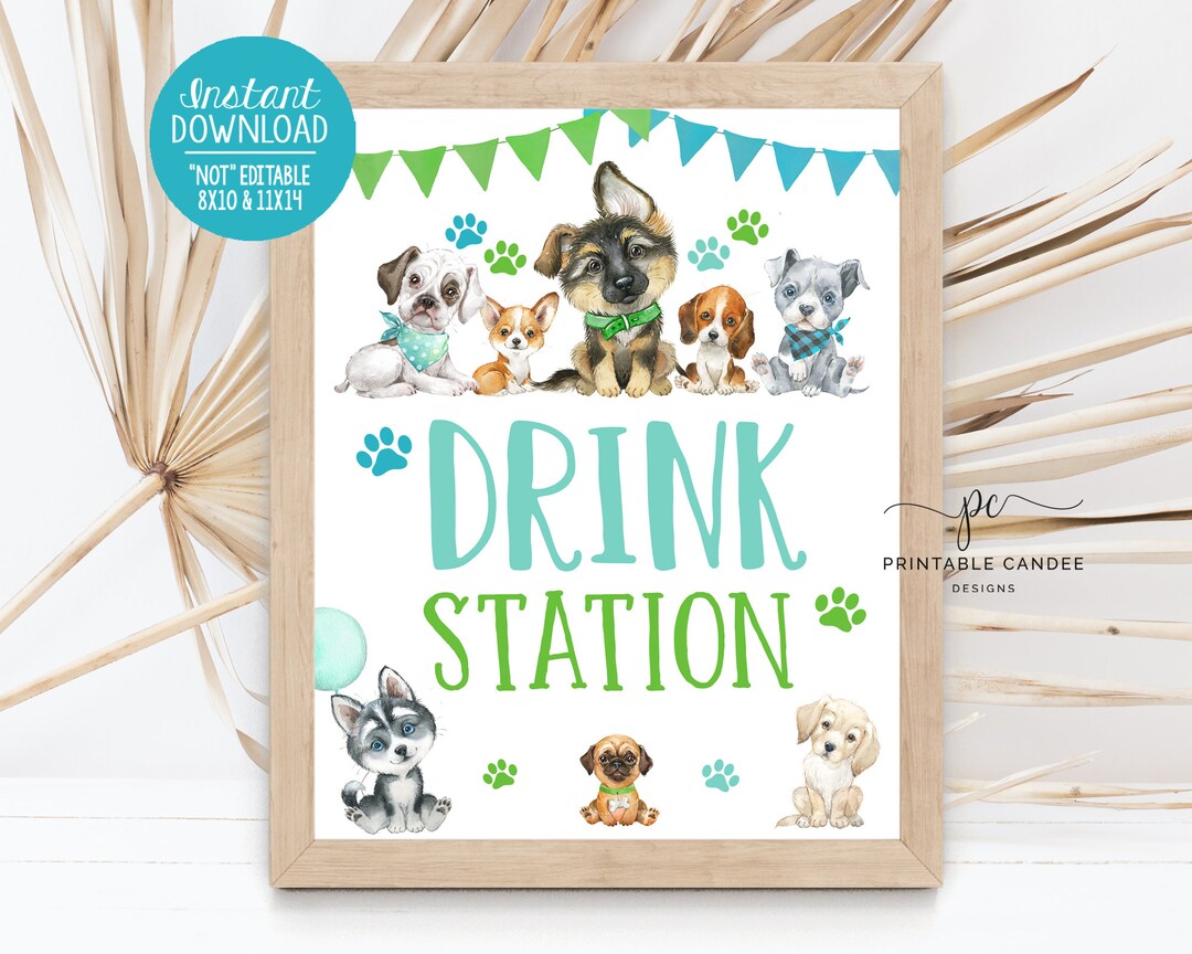 Puppy Drink Sign Dog Birthday Party Food Table Decor Pet Theme Boy Blue ...