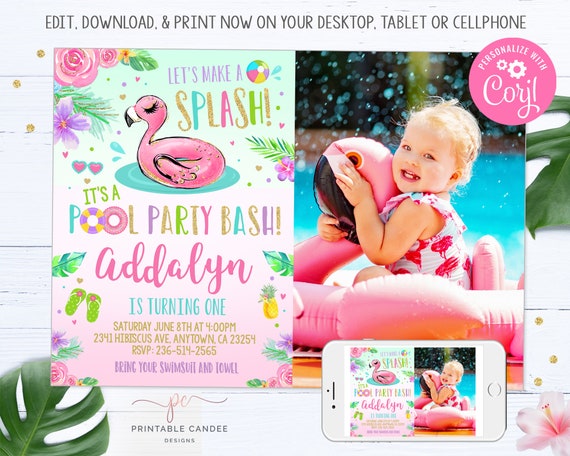 Flamingo Pool Party Invitation Editable Summer Birthday Invite Etsy 日本