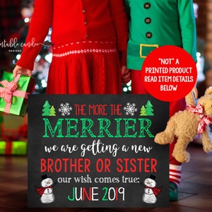 Anuncio de embarazo de Navidad para hermanos, vacaciones, Papá Noel, hermano, hermana, tres, pizarra, letrero imprimible digital