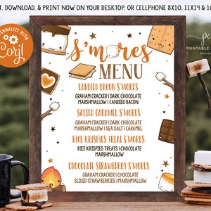 Bearbeitbare S'more Bar Menü Zeichen Smore Bar S'mores Station Outdoor Party Geburtstag Smores Thema Dekor Printable Sofort Download