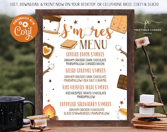 Może przedstawiać: Drukowalne menu s'mores z brązowym tłem i uroczą kreskówkową ilustracją ogniska. Menu zawiera cztery różne opcje s'mores: Candied Bacon S'mores, Salted Caramel S'mores, Rice Krispies Treat S'mores i Chocolate Strawberry S'mores. Tekst "PERSONALIZE WITH Coryl" znajduje się w kółku w lewym górnym rogu menu.