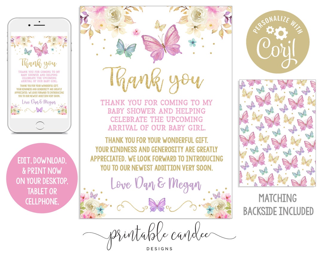 Butterfly Baby Shower Thank You Card Girl Theme Garden Party Editable