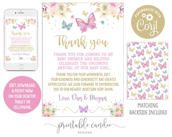 Butterfly Baby Shower Thank you Card Girl Theme Garden Party Editable Instant Download Printable File