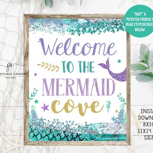 Mermaid Cove Welcome Sign Purple Teal Gold Birthday Party Theme Mermaids Tail Decor Instant Download Printable File