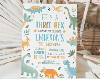 Pastel Dinosaur Birthday Invitation Boy, Three Rex Party (Editable, Digital)