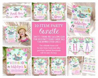 Jungle Pool Birthday Party Bundle Tropical Summer Favors Signs Girl Decor Zebra Leopard Theme Printable Package Instant Download