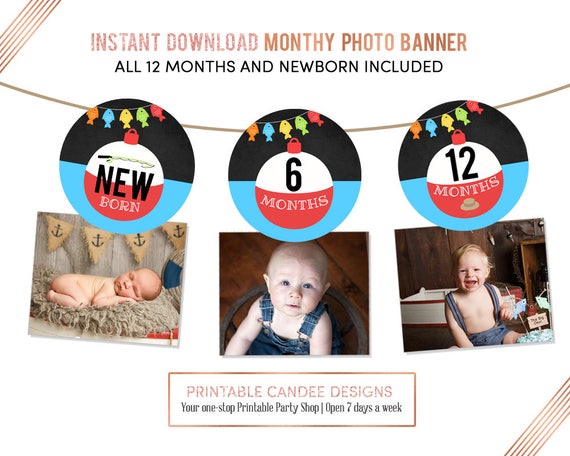 Fishing 12 Month Photo Birthday Banner Fishing First Birthday Etsy