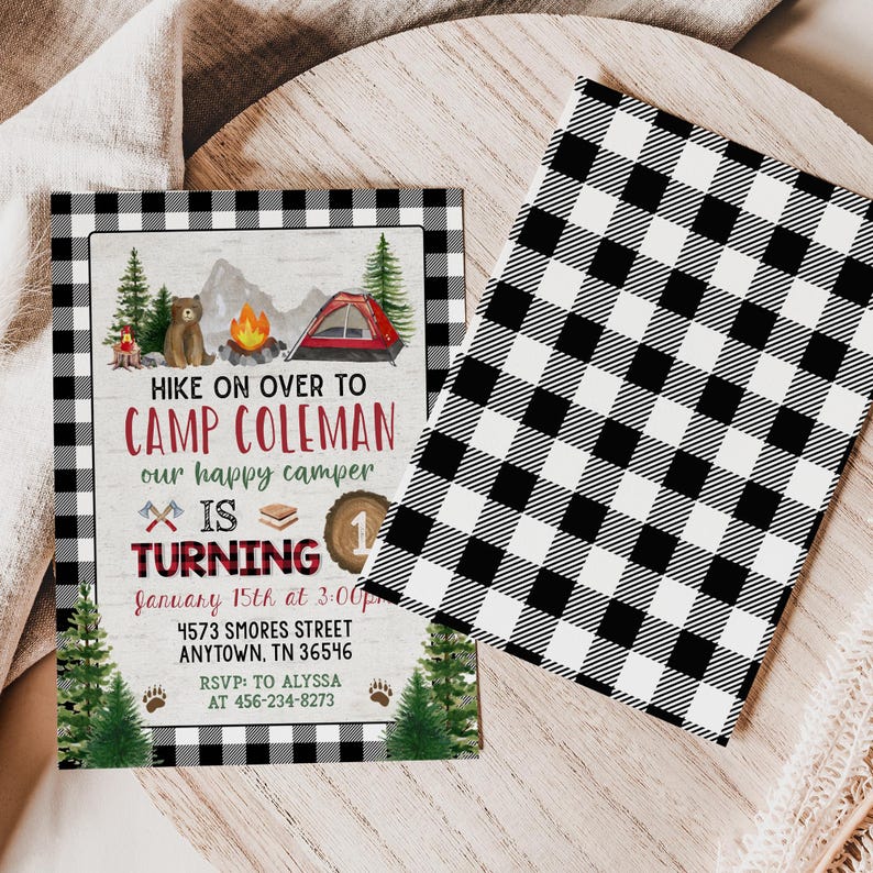 Convite para festa de acampamento com tema de urso lenhador, para aniversário, imprimível (BWPC) imagem 3