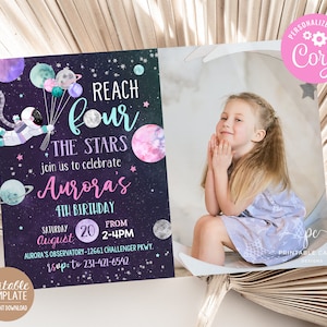 Editable Space 4th Birthday Invitation Reach FOUR The Stars Girl Pink Invite Galaxy Party Theme Template Printable Instant Download