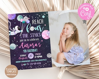 May include: A purple and black space-themed birthday invitation with a cartoon astronaut holding balloons. The invitation says "Reach for the Stars" and "Aurora's 4th Birthday". The invitation also includes a photo placeholder and the text "Saturday August 20 from 2-4pm".