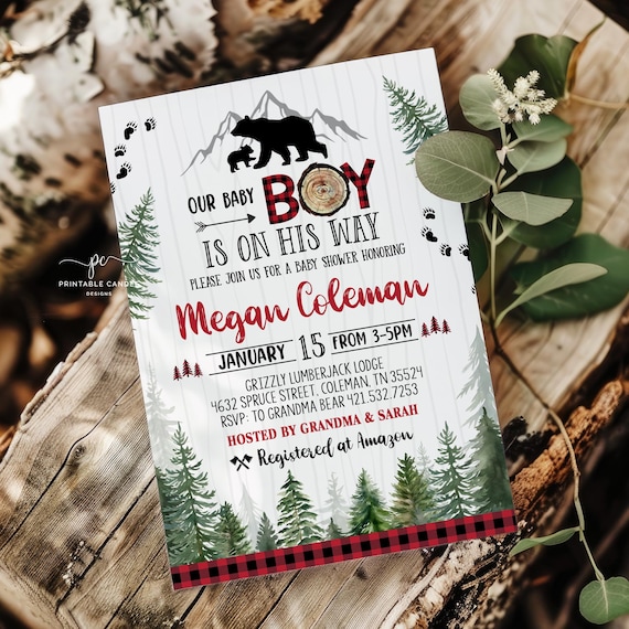 Editable Lumberjack Baby Boy Shower Invitation Bear Invite Red