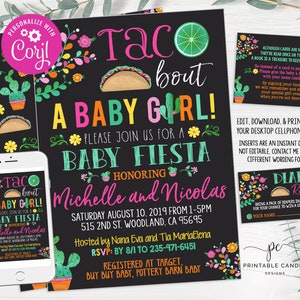 Taco Girl Baby Shower Invitation Fiesta Floral Theme Mexican Cactus Party Invite Editable Diaper Raffle Template Printable File
