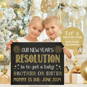 New Year Pregnancy Announcement Chalkboard Sibling Baby Big Sister and Brother Sign Printable Digital File