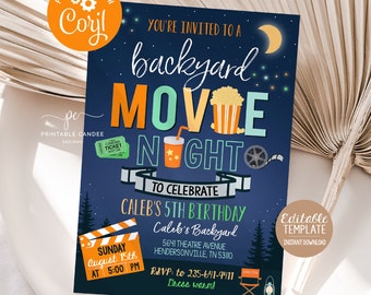 May include: A blue and orange invitation for a backyard movie night to celebrate Caleb's 5th birthday. The invitation features a movie reel, popcorn, and a drink. The text reads "You're invited to a backyard movie night to celebrate Caleb's 5th birthday. Sunday, August 15th at 5:00 PM. Caleb's Backyard, 5641 Theatre Avenue, Hendersonville, TN 53110. RSVP: to 235-641-9411. Dress warm!"