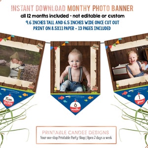 Fishing 12 Month Photo Birthday Banner Outdoors Fish Party Theme Rustic Decor First Year Printable Files