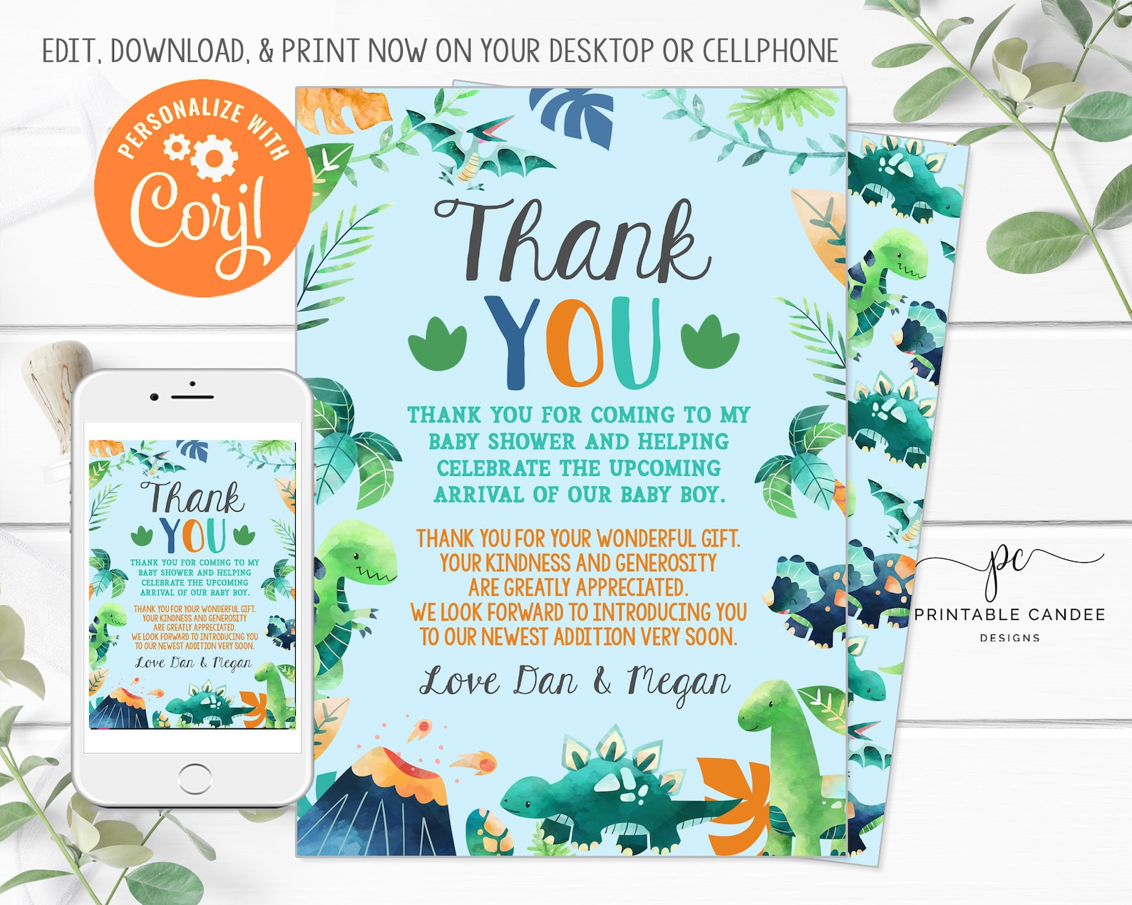 Dinosaur Baby Shower Thank You Card Dino It's a Boy Theme Etsy