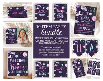 Editable Girl Space Party Bundle Galaxy Planets Theme Birthday Decor Astronaut Invite Signs Favors Printable Templates Instant Download