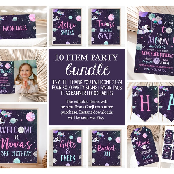 Editable Girl Space Party Bundle Galaxy Planets Theme Birthday Decor Astronaut Invite Signs Favors Printable Templates Instant Download