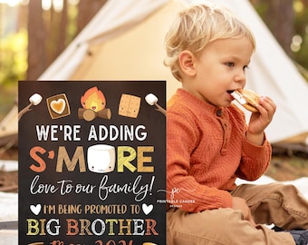 Bewerkbare Smores grote broer of zus zwangerschap aankondiging herfst Camping sjabloon baby fotoshoot teken afdrukbaar bestand