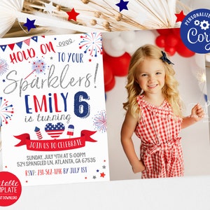 4th of July Birthday Invitation Red White Blue Sparklers Patriotic Stars Stripes Editable Photo Template Download Printable