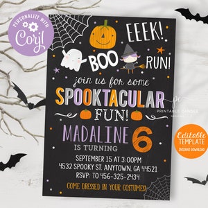 Halloween-Geburtstagseinladung Kostüm-Party-Mädchen laden Thema Spooktacular Kein Foto Sofortiger Download Bearbeitbare Datei Druckbare