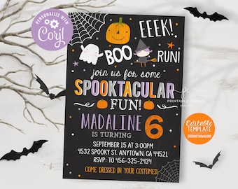 May include: A black and white printable Halloween party invitation with a chalkboard background. The invitation features a ghost, a witch, a pumpkin, and the text "EEEK! BOO RUN! join us for some SPOOKTACULAR FUN! MADALINE 6 IS TURNING SEPTEMBER 15 AT 3:00PM 4532 SPOOKY ST. ANYTOWN, GA 44521 RSVP: TO 456-325-2434 COME DRESSED IN YOUR COSTUMES!"