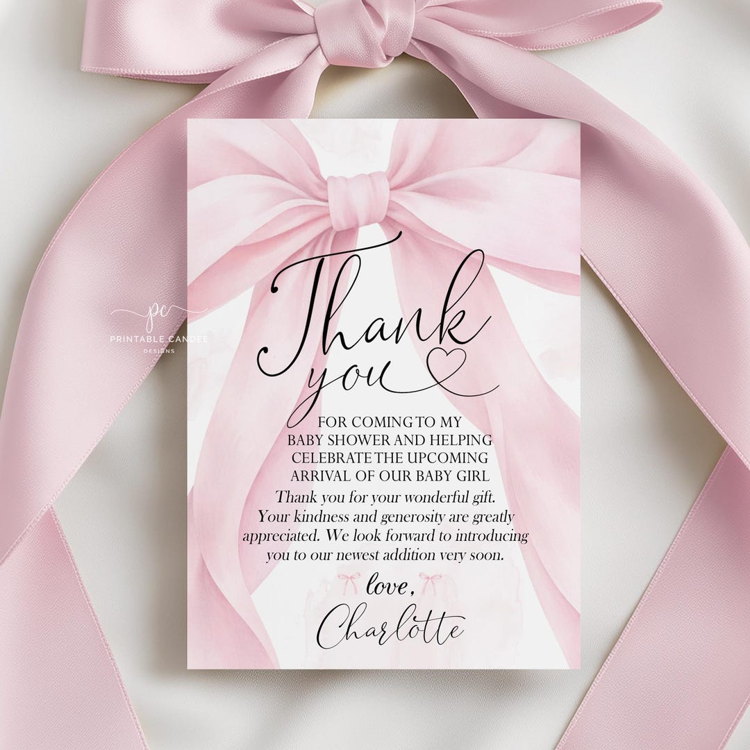 Blush Pink Bow Baby Shower Thank You Template Girl Pink Coquette Theme ...
