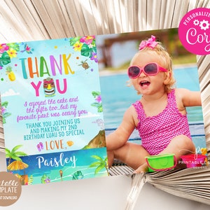 Luau Thank you Editable Beach Birthday Party Luau Tropical Summer Theme Instant Download Template