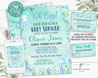 May include: A blue and green baby shower invitation with an octopus, whale, and seaweed illustrations. The invitation reads "Oh Boy! Please join us for a baby shower under the sea to honor Olivia James".