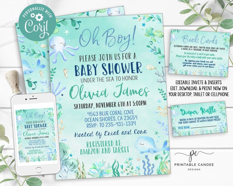 Under the Sea Baby Shower Invitation Editable Template Oh Boy Blue Teal Coral Reef Ocean Animals Turtle Printable Invite
