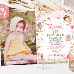 Cartão de agradecimento de fada editável, aniversário, menina, rosa, floral, princesa, festa, jardim caprichoso, modelo para impressão, download digital instantâneo